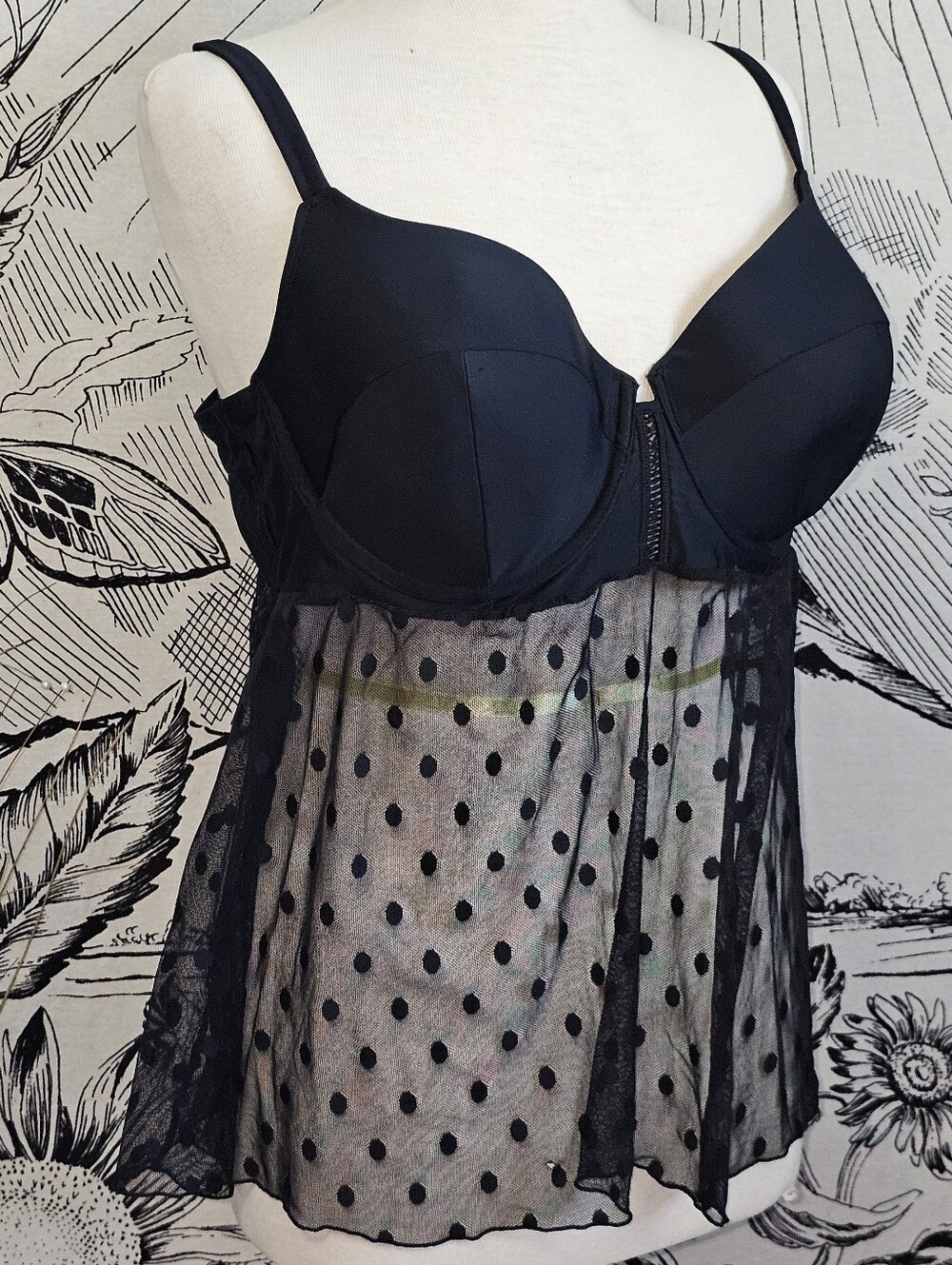 Swim By Cacique Black Sheer Polka Dot Babydoll Push Up Swim Top 40DD